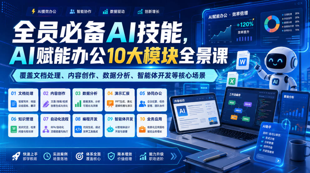 全员必备AI技能,AI赋能办公10大模块全景课,覆盖文档处理、内容创作、数据分析、智能体开发等核心场景网创吧-网创项目资源站-副业项目-创业项目-搞钱项目网创吧