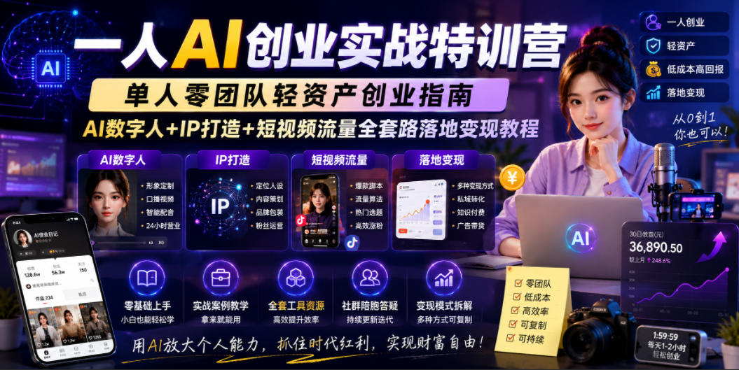一人AI创业实战特训营,单人零团队轻资产创业指南,AI数字人+IP打造+短视频流量全套路落地变现教程网创吧-网创项目资源站-副业项目-创业项目-搞钱项目网创吧
