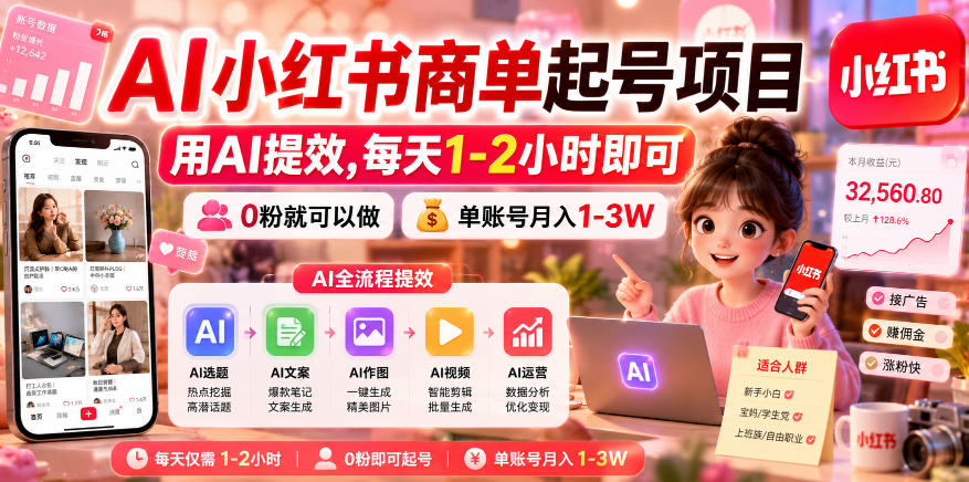 AI小红书商单起号项目,用AI提效,每天1-2小时即可,0粉就可以做,单账号月入1-3W网创吧-网创项目资源站-副业项目-创业项目-搞钱项目网创吧
