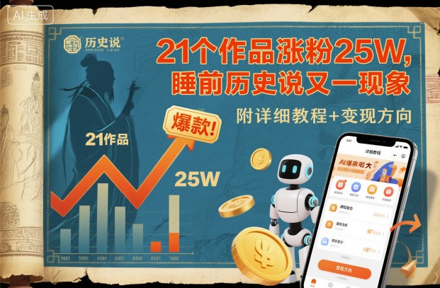 21个作品涨粉25W,睡前历史说又一现象级AI内容大爆款来啦,附详细教程+变现方向网创吧-网创项目资源站-副业项目-创业项目-搞钱项目网创吧
