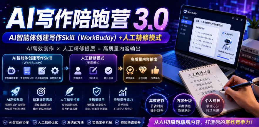 AI写作陪跑营3.0,Ai智能体创建写作skill(workbuddy)+人工手写模式(手搓模式),去除AI痕迹(头条号、公众号、百家号)网创吧-网创项目资源站-副业项目-创业项目-搞钱项目网创吧