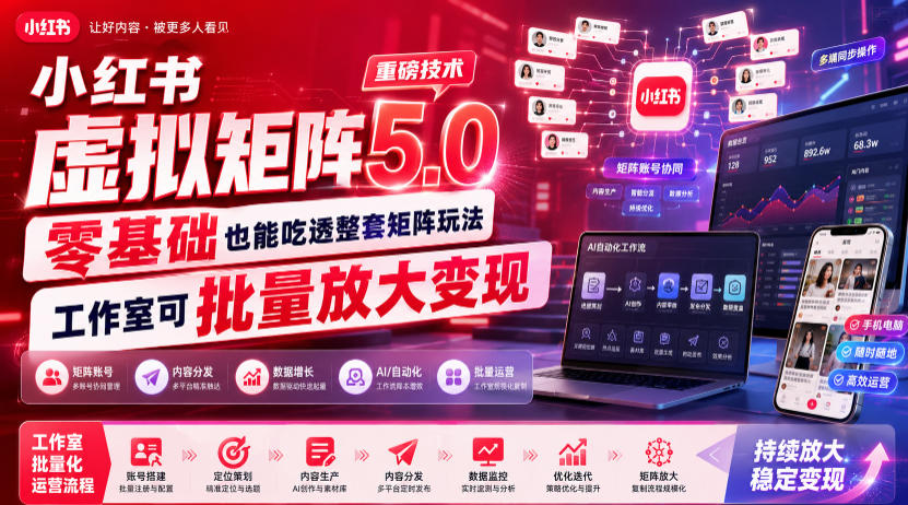 小红书虚拟矩阵5.0重磅技术,零基础也能吃透整套矩阵玩法,工作室可批量放大变现网创吧-网创项目资源站-副业项目-创业项目-搞钱项目网创吧