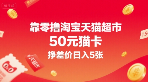 靠零撸淘宝天猫超市50元猫卡，挣差价日入5张网创吧-网创项目资源站-副业项目-创业项目-搞钱项目网创吧