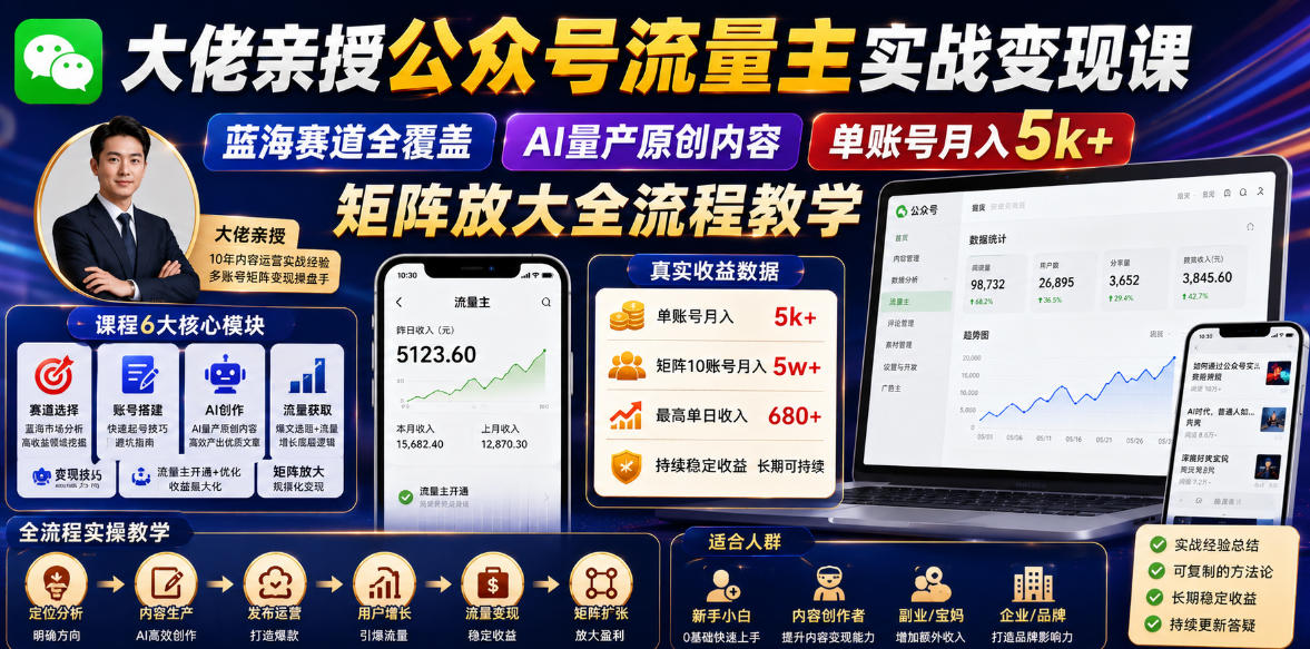 大佬亲授公众号流量主实战变现课,蓝海赛道全覆盖,AI量产原创内容,单账号月入5k+矩阵放大全流程教学网创吧-网创项目资源站-副业项目-创业项目-搞钱项目网创吧