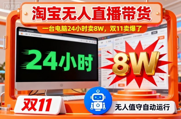 淘宝无人直播带货，一台电脑214小时卖8W，双11卖爆了【揭秘】网创吧-网创项目资源站-副业项目-创业项目-搞钱项目网创吧