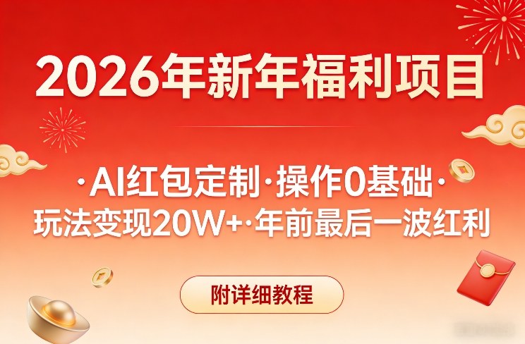 新年福利项目,AI红包定制,操作0基础,玩法变现20W+年前最后一波红利,附详细教程网创吧-网创项目资源站-副业项目-创业项目-搞钱项目网创吧