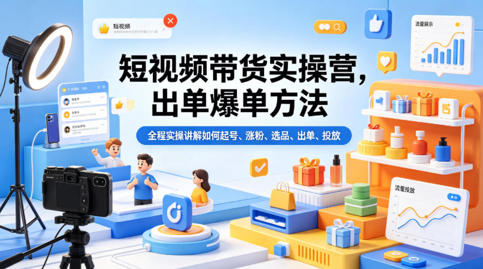 短视频带货实操营，出单爆单方法，全程实操讲解如何起号、涨粉、选品、出单、投放网创吧-网创项目资源站-副业项目-创业项目-搞钱项目网创吧