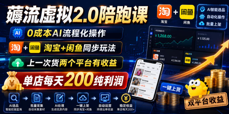 薅流虚拟2.0陪跑课,0成本AI流程化操作,淘宝+闲鱼同步玩法,上一次货两个平台有收益,单店每天200纯利润网创吧-网创项目资源站-副业项目-创业项目-搞钱项目网创吧