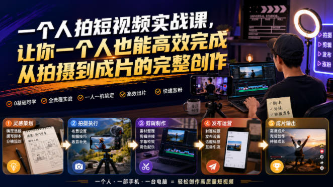 一个人拍短视频实战课，让你一个人也能高效完成从拍摄到成片的完整创作网创吧-网创项目资源站-副业项目-创业项目-搞钱项目网创吧