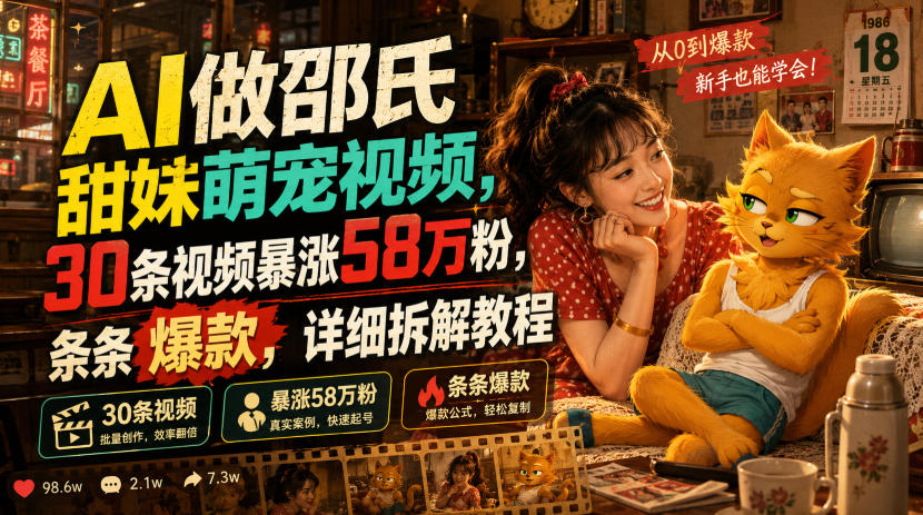 AI做邵氏甜妹萌宠视频,30条视频暴涨58万粉,条条爆款,详细拆解教程网创吧-网创项目资源站-副业项目-创业项目-搞钱项目网创吧