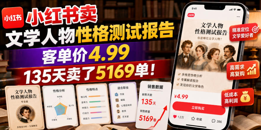 小红书卖文学人物性格测试报告，客单价4.99，135天卖了5169单！网创吧-网创项目资源站-副业项目-创业项目-搞钱项目网创吧