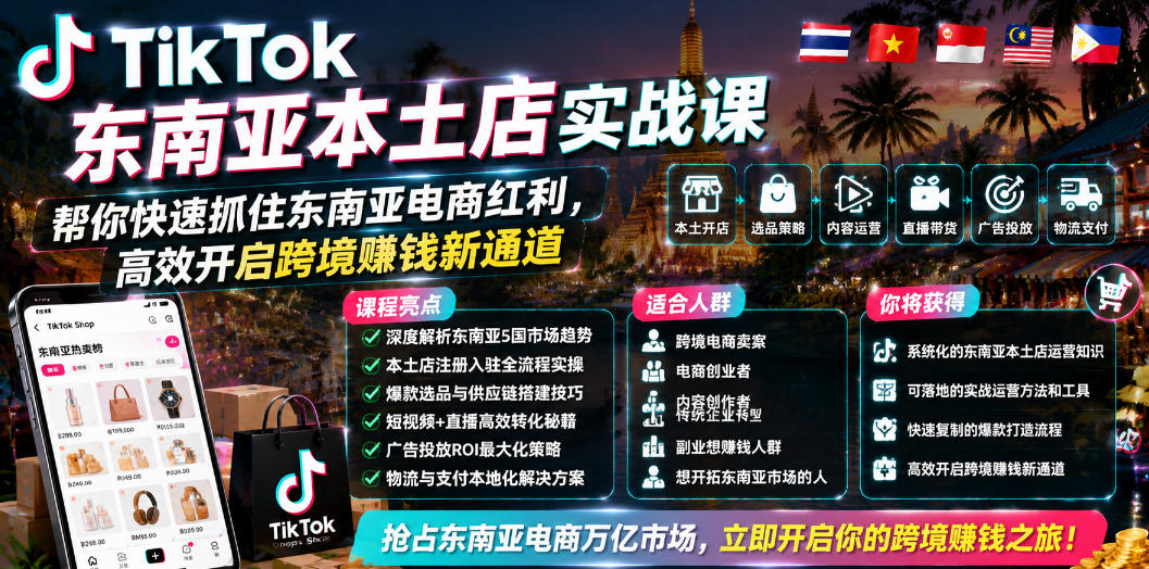 TikTok东南亚本土店实战课,帮你快速抓住东南亚电商红利,高效开启跨境賺钱新通道网创吧-网创项目资源站-副业项目-创业项目-搞钱项目网创吧