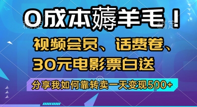 0成本薅羊毛!视频会员、话费卷、30元电影票白送,分享我如何靠转卖一天变现5张+【揭秘】网创吧-网创项目资源站-副业项目-创业项目-搞钱项目网创吧