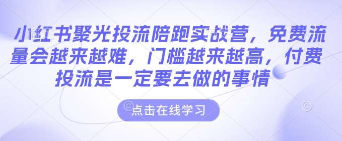 小红书聚光投流陪跑实战营,免费流量会越来越难,门槛越来越高,付费投流是一定要去做的事情网创吧-网创项目资源站-副业项目-创业项目-搞钱项目网创吧