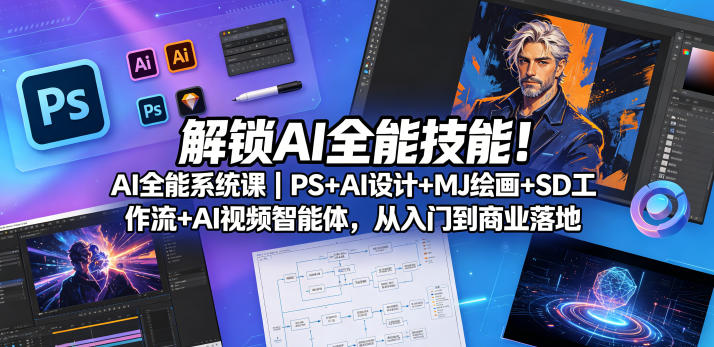 解锁AI全能技能!AI全能系统课|PS+AI设计+MJ绘画+SD工作流+AI视频智能体,从入门到商业落地网创吧-网创项目资源站-副业项目-创业项目-搞钱项目网创吧