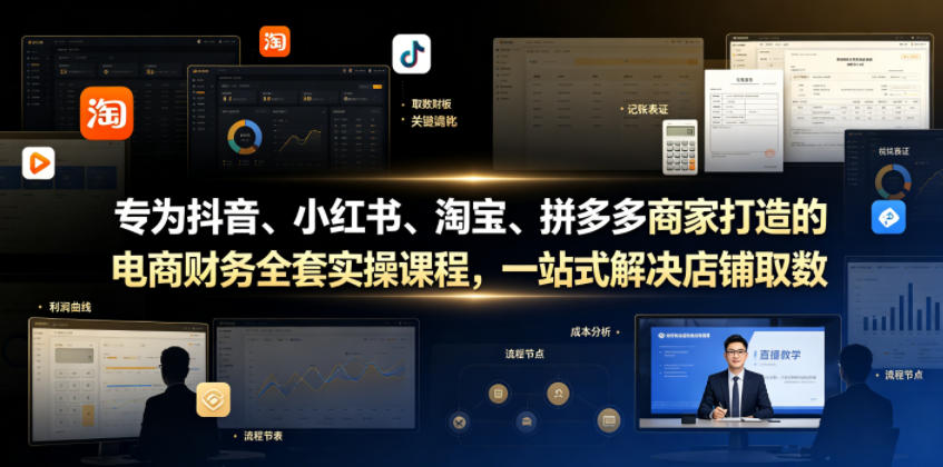 专为抖音、小红书、淘宝、拼多多商家打造的电商财务全套实操课程,一站式解决店铺取数、记账、报税全流程难题网创吧-网创项目资源站-副业项目-创业项目-搞钱项目网创吧
