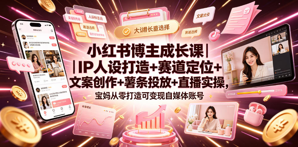 小红书博主成长课|IP人设打造+赛道定位+文案创作+薯条投放+直播实操,宝妈从零打造可变现自媒体账号网创吧-网创项目资源站-副业项目-创业项目-搞钱项目网创吧