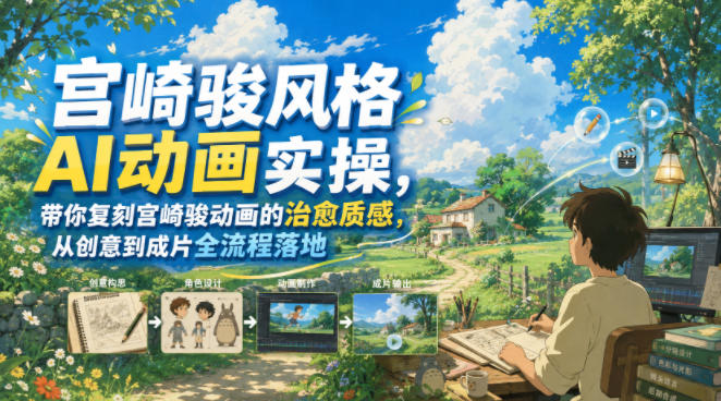 宫崎骏风格AI动画实操,带你复刻宫崎骏动画的治愈质感,从创意到成片全流程落地网创吧-网创项目资源站-副业项目-创业项目-搞钱项目网创吧