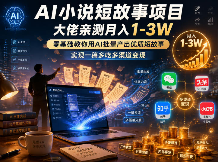 AI小说短故事项目,大佬亲测月入1-3W,零基础教你用AI批量产出优质短故事,实现一稿多吃多渠道变现网创吧-网创项目资源站-副业项目-创业项目-搞钱项目网创吧
