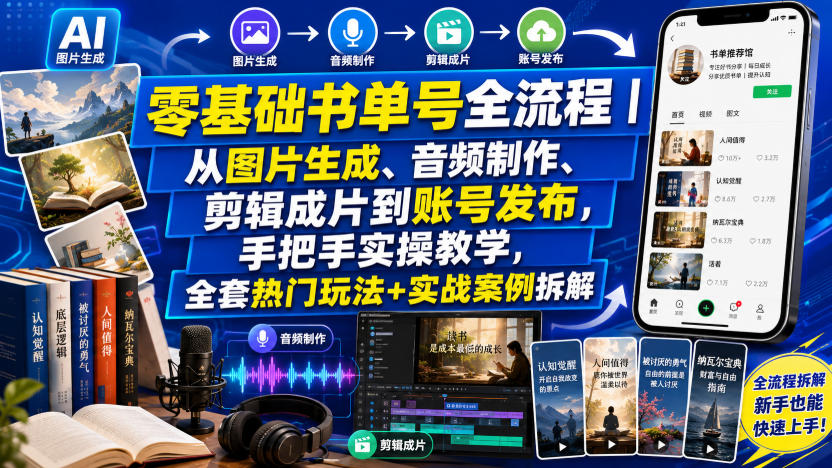 零基础书单号全流程|从图片生成、音频制作、剪辑成片到账号发布,手把手实操教学,全套热门玩法+实战案例拆解网创吧-网创项目资源站-副业项目-创业项目-搞钱项目网创吧