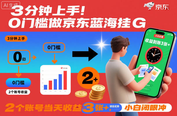 3分钟上手!0门槛做京东蓝海全自动掘金,2个账号当天收益3张+,小白闭眼冲【揭秘】网创吧-网创项目资源站-副业项目-创业项目-搞钱项目网创吧