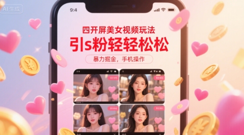 四开屏美女视频玩法，引s粉轻轻松松，暴力掘金，手机操作【揭秘】网创吧-网创项目资源站-副业项目-创业项目-搞钱项目网创吧