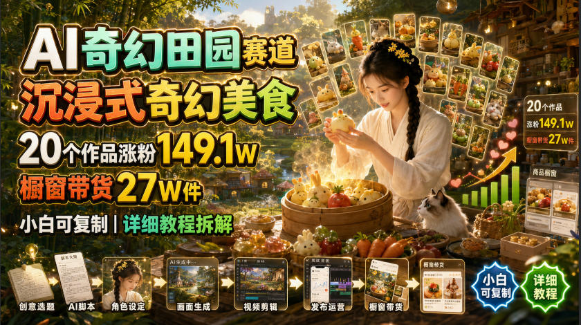 AI奇幻田园赛道,沉浸式奇幻美食,20个作品涨粉149.1W,橱窗带货27W件,小白可复制,详细教程拆解网创吧-网创项目资源站-副业项目-创业项目-搞钱项目网创吧
