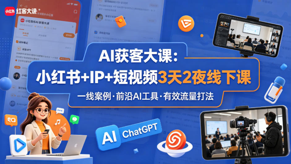 AI获客大课小红书+IP+短视频3天2夜线下课,用最真实的一线案例,最前沿的AI工具,最有效的流量打法网创吧-网创项目资源站-副业项目-创业项目-搞钱项目网创吧