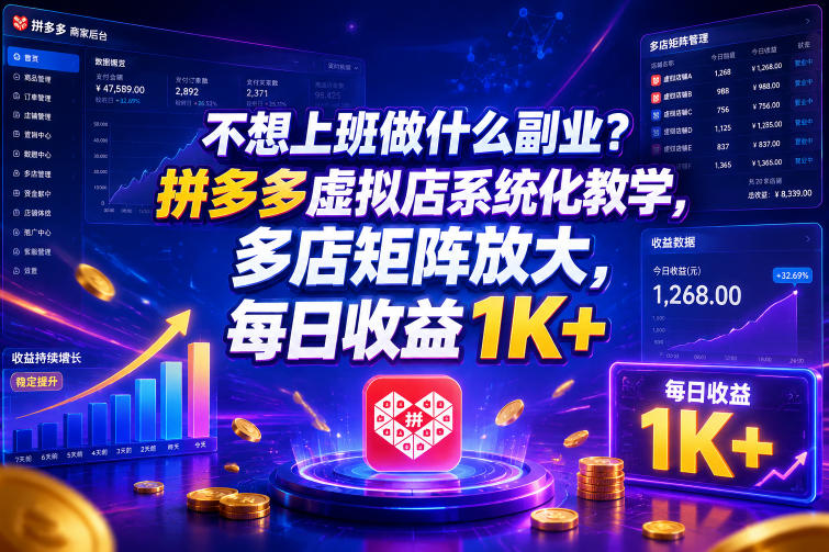 不想上班做什么副业？拼多多虚拟店系统化教学，多店矩阵放大，每日收益1K+【揭秘】网创吧-网创项目资源站-副业项目-创业项目-搞钱项目网创吧