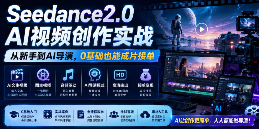 Seedance2.0 AI视频创作实战,从新手到AI导演,0基础也能成片接单变现网创吧-网创项目资源站-副业项目-创业项目-搞钱项目网创吧