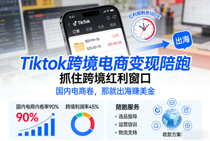 Tiktok跨境电商变现陪跑,抓住跨境红利窗口,国内电商卷,那就出海賺美金网创吧-网创项目资源站-副业项目-创业项目-搞钱项目网创吧