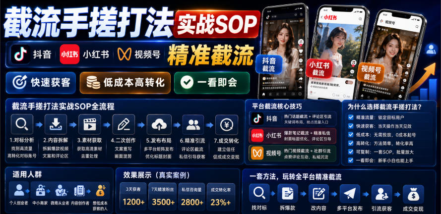 截流手搓打法实战SOP,抖音小红书视频号精准截流,快速获客,低成本高转化,一看即会网创吧-网创项目资源站-副业项目-创业项目-搞钱项目网创吧