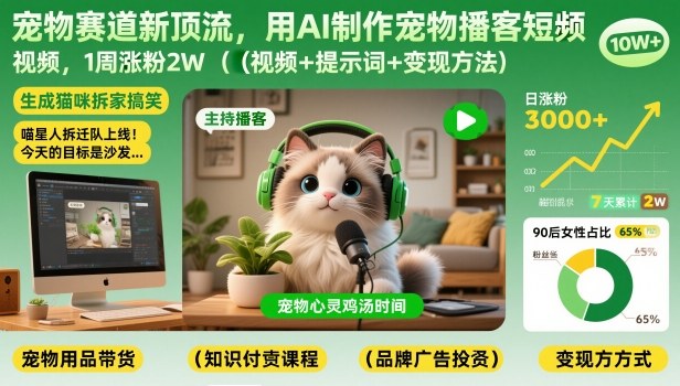 宠物赛道新顶流,用AI制作宠物播客短视频,1周涨粉2W(视频+提示词+变现方法)网创吧-网创项目资源站-副业项目-创业项目-搞钱项目网创吧