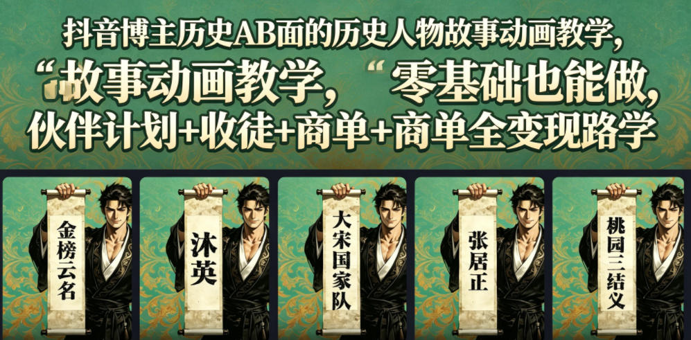 抖音博主历史AB面的历史人物故事动画教学，零基础也能做，伙伴计划+收徒+商单全变现路径教学网创吧-网创项目资源站-副业项目-创业项目-搞钱项目网创吧