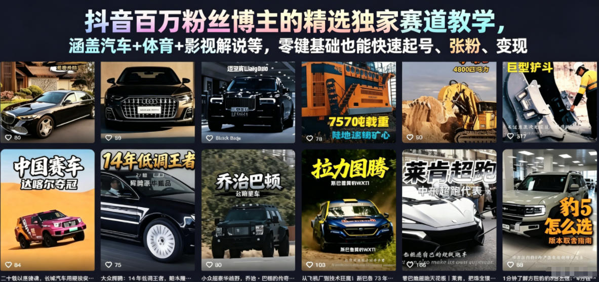 抖音百万粉丝博主的精选独家赛道教学,涵盖汽车+体育+影视解说等,零基础也能快速起号、涨粉、变现(更新0701)网创吧-网创项目资源站-副业项目-创业项目-搞钱项目网创吧
