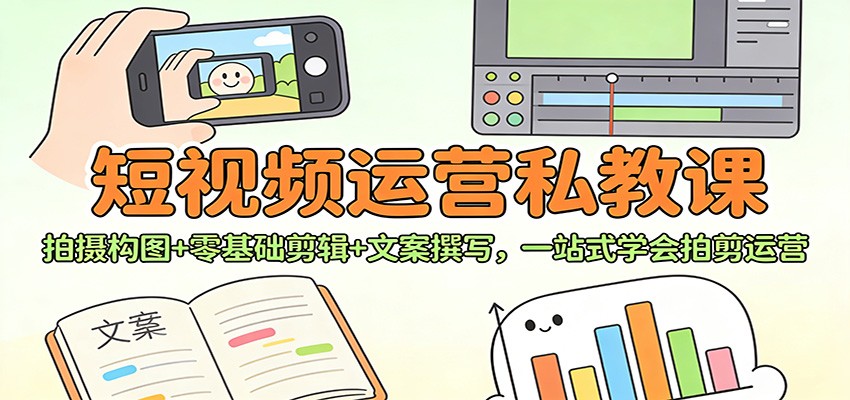 短视频运营私教课：拍摄构图+零基础剪辑 +文案撰写，一站式学会拍剪运营网创吧-网创项目资源站-副业项目-创业项目-搞钱项目网创吧