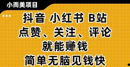 小而美的项目,抖音小红书B站视频点赞、关注、评论就能挣钱,简单无脑立见收益,妥妥的零撸项目【揭秘】网创吧-网创项目资源站-副业项目-创业项目-搞钱项目网创吧