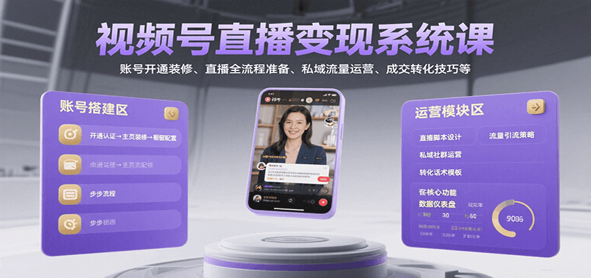视频号直播变现系统课，账号开通装修、直播全流程准备、私域流量运营、成交转化技巧等网创吧-网创项目资源站-副业项目-创业项目-搞钱项目网创吧
