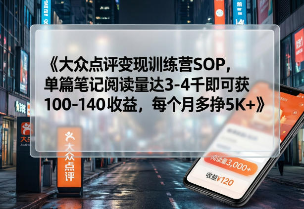 大众点评变现训练营SOP,单篇笔记阅读量达3-4千即可获100-140收益,每个月多挣5K+网创吧-网创项目资源站-副业项目-创业项目-搞钱项目网创吧