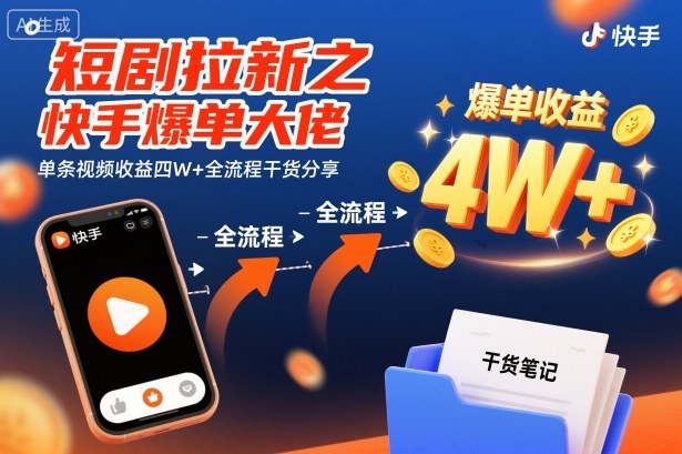 短剧拉新之快手爆单大佬单条视频收益四W+全流程干货分享网创吧-网创项目资源站-副业项目-创业项目-搞钱项目网创吧