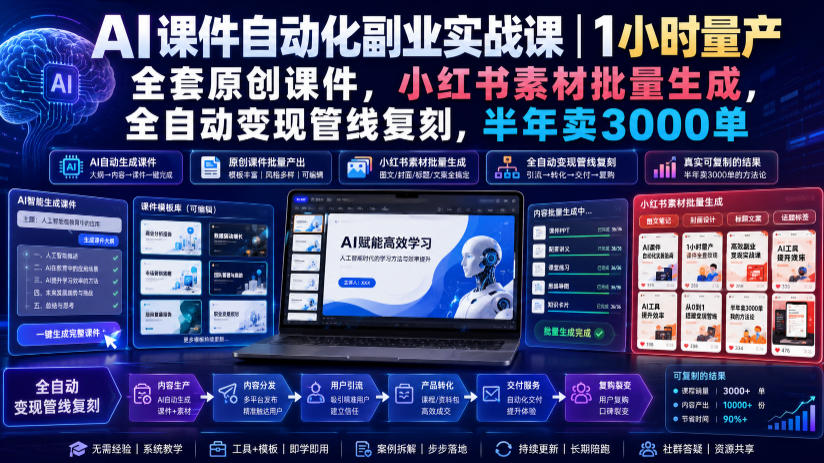 AI课件自动化副业实战课|1小时量产全套原创课件,小红书素材批量生成,全自动变现管线复刻,半年卖3000单网创吧-网创项目资源站-副业项目-创业项目-搞钱项目网创吧