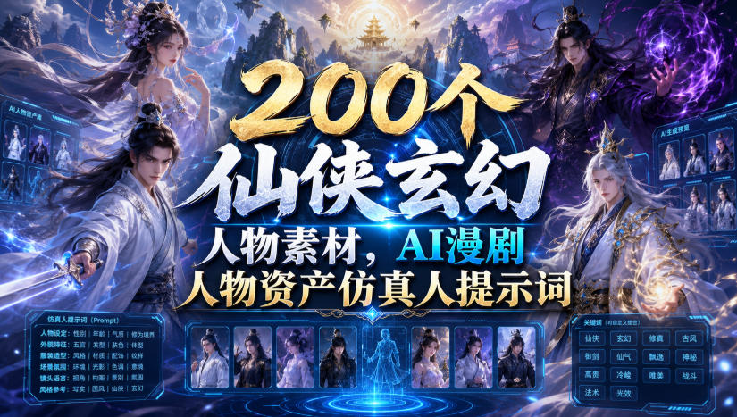 200个仙侠玄幻人物素材,AI漫剧人物资产仿真人提示词网创吧-网创项目资源站-副业项目-创业项目-搞钱项目网创吧