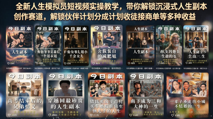 全新人生模拟员短视频实操教学,带你解锁沉浸式人生副本创作赛道,解锁伙伴计划分成计划收徒接商单等多种收益网创吧-网创项目资源站-副业项目-创业项目-搞钱项目网创吧