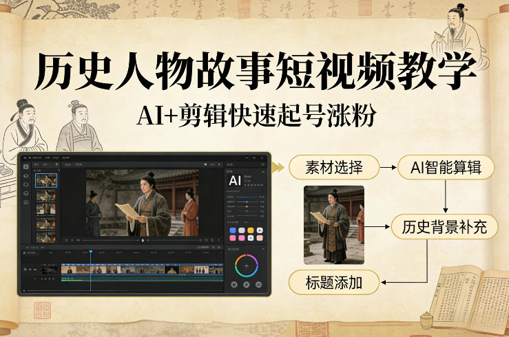历史人物故事短视频教学,AI+剪辑制作历史人物题材短视频,快速起号涨粉网创吧-网创项目资源站-副业项目-创业项目-搞钱项目网创吧
