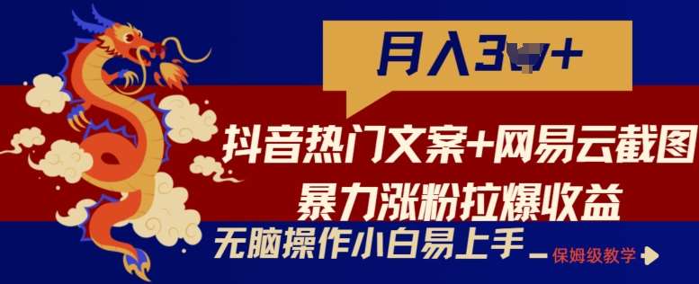 抖音热门文案+网易云截图暴力涨粉拉爆收益玩法,小白无脑操作,简单易上手【揭秘】网创吧-网创项目资源站-副业项目-创业项目-搞钱项目网创吧