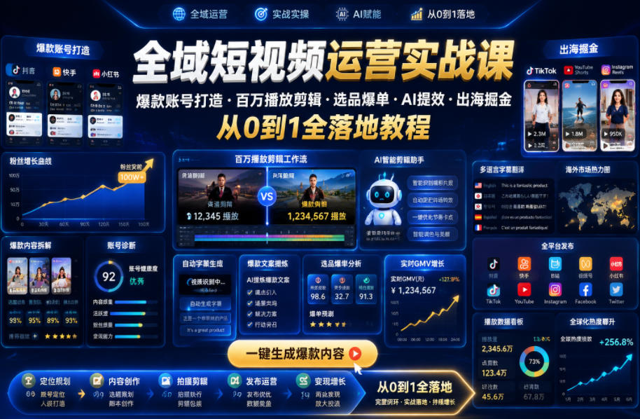 全域短视频运营实战课,爆款账号打造・百万播放剪辑・选品爆单・AI提效・出海掘金,从0到1全落地教程网创吧-网创项目资源站-副业项目-创业项目-搞钱项目网创吧