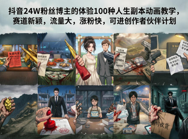 抖音24W粉丝博主的体验100种人生副本动画教学,赛道新颖,流量大,涨粉快,可进创作者伙伴计划网创吧-网创项目资源站-副业项目-创业项目-搞钱项目网创吧
