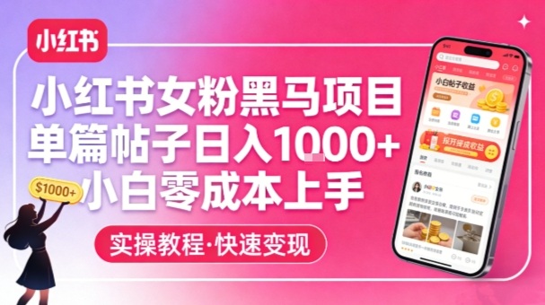 小红书女粉黑马项目,单篇帖子日入1k+,小白零成本上手网创吧-网创项目资源站-副业项目-创业项目-搞钱项目网创吧