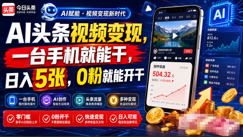 AI头条视频变现,一台手机就能干,日入5张,0粉就能开干网创吧-网创项目资源站-副业项目-创业项目-搞钱项目网创吧