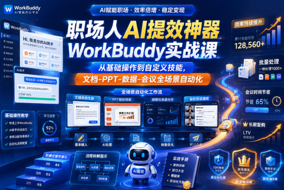 职场人AI提效神器WorkBuddy实战课,从基础操作到自定义技能,文档-PPT-数据-会议全场景自动化网创吧-网创项目资源站-副业项目-创业项目-搞钱项目网创吧